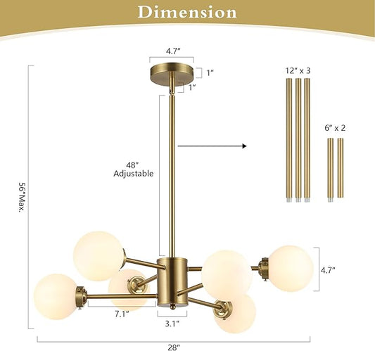 WINGBO 6-Light Sputnik Chandelier, Modern Pendant Light Fixture with 4.7" Opal White Glass Globe Shade for Flat and Slop Ceiling, Height Adjustable for Kitchen Living Room Dining Room Bedroom, Gold