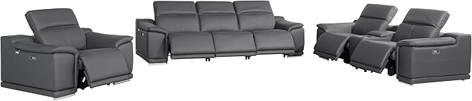 Blackjack Furniture Venice Top Grain Italian Leather Recliner 7 Seater 6 Power Reclining 3 Piece Sofa Set with Adjustable Headrests Modern Seating Sofa, Loveseat and Chair for Living Room, Dark Grey