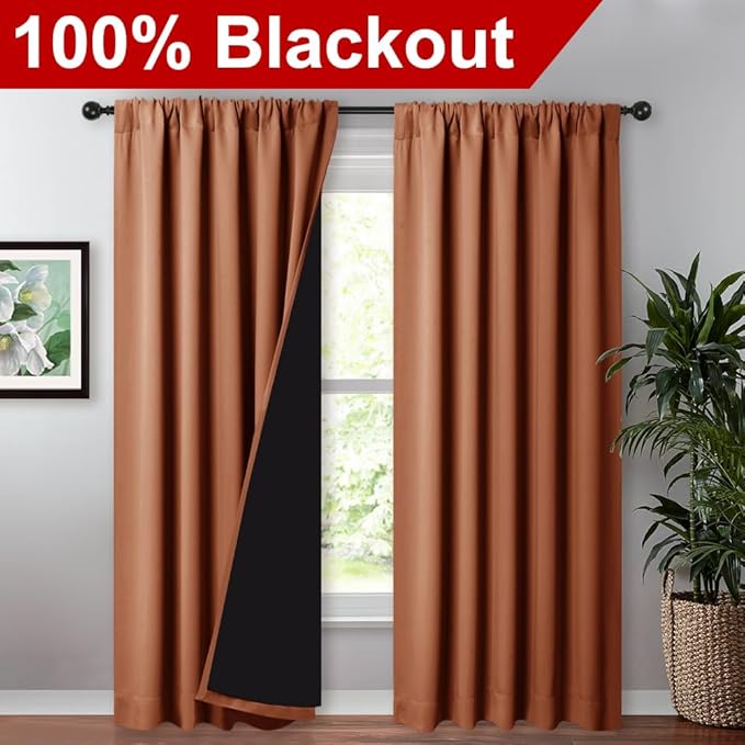 NICETOWN 100% Blackout Curtains for Living Room, Privacy Protection & Noise Reducing Drapes, Black Lined Window Treatment Panels for Patio Sliding Glass Door (Burnt Orange, 2 Pieces, W52 x L84)