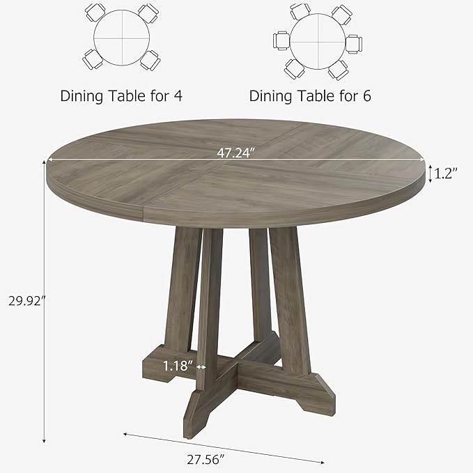 GarveeHome Round Dining Table for 4, 47 Inches Dining Room Table with Wooden Base, Kitchen Table with Circle Tabletop, Dinner Table for Dining Room, Kitchen, Living Room, Grey