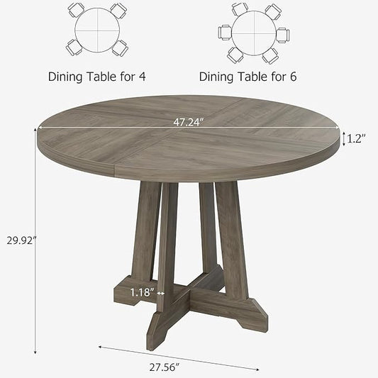 GarveeHome Round Dining Table for 4, 47 Inches Dining Room Table with Wooden Base, Kitchen Table with Circle Tabletop, Dinner Table for Dining Room, Kitchen, Living Room, Grey