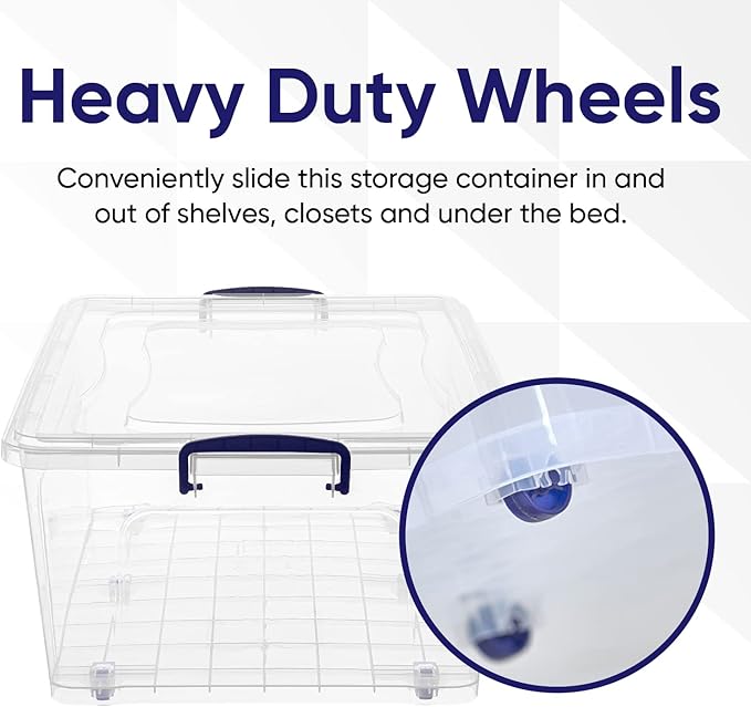 Superio Clear Storage Bin with Lid, Large Stackable Container with Lid, 60 Quart Wheeled Storage Box for Home, Garage, Storage