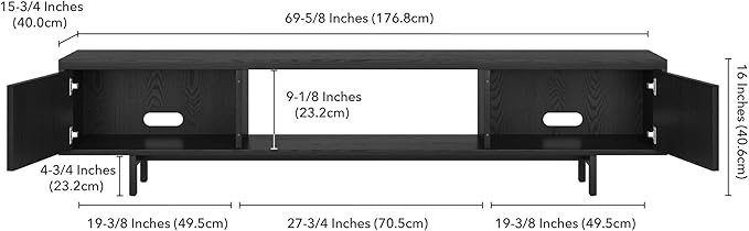 Henn&Hart Fluted TV Stand for TVs up to 78" with 2 Ribbed Side Storage Cabinets and Open Center Storage for Living Room, Family Room, or Office, Natural Black