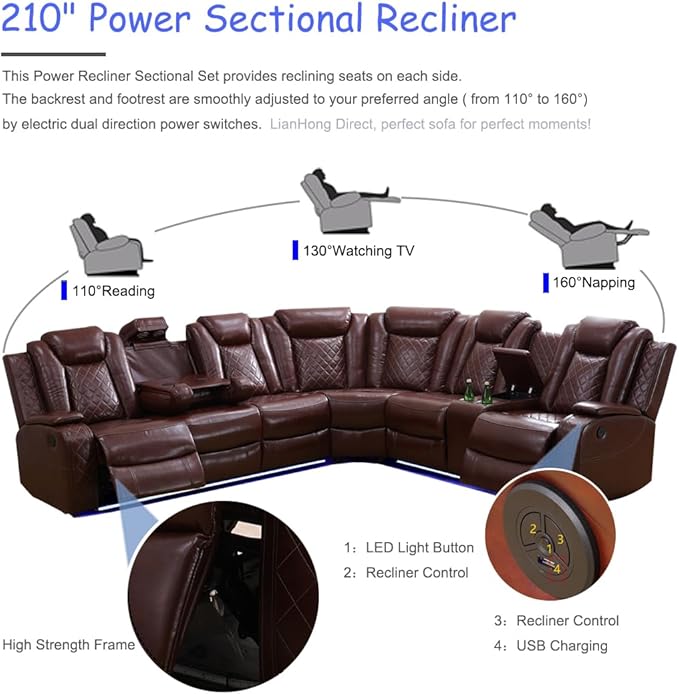 Leather Power Reclining Sectional Sofa Sets, Brown Recliner Sectional Sofa and 2 Chairs, Power Recliner Couch Living Room Furniture Set, L-Shaped Breathing Leather Couch with LED for Office