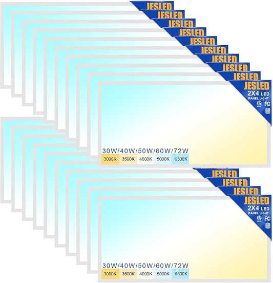 JESLED 20Pack 2x4 led Flat Panel Light, 10800LM, Drop Ceiling Lights Fixture for Office Shop Garage Basement Laundry, 30W/40W/50W/60W/72W Selectable, 5CCT Switchable, 0-10V Dimmable, DLC ETL Listed