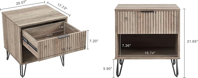 Manhattan Comfort Dumbo Fluted Nightstand with Drawer and Open Shelf, Gold Hairpin Legs and Metal Handle, Snap Tool-Free Assembly, Bedside Accent Table for Bedroom, Office, Living Room in Rustic Grey