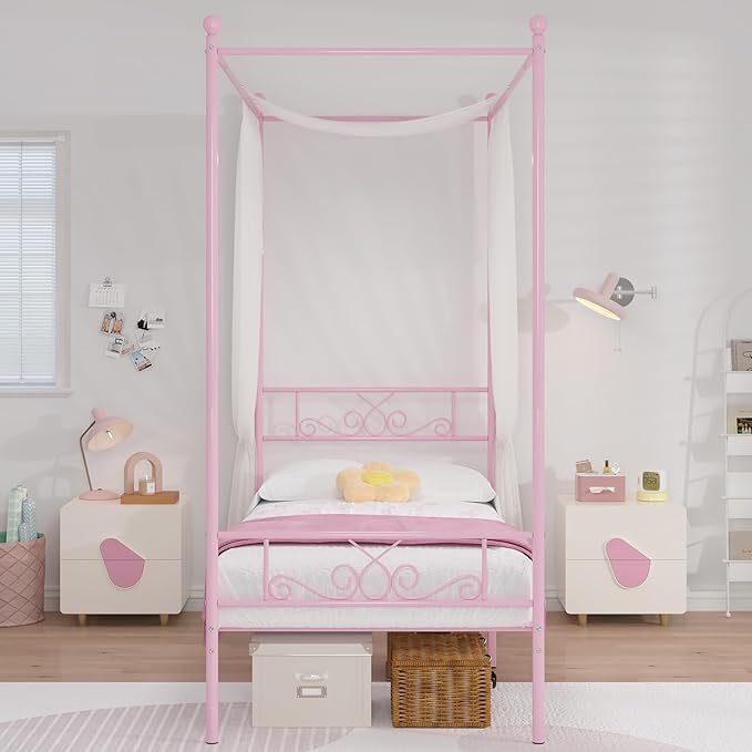 Weehom Twin Canopy Bed Frame with Headboard and Footboard, 4 Posters Metal Bed Frame, No Box Spring Needed, Mattress Foundation Platform Bed for Kids and Adults, Pink