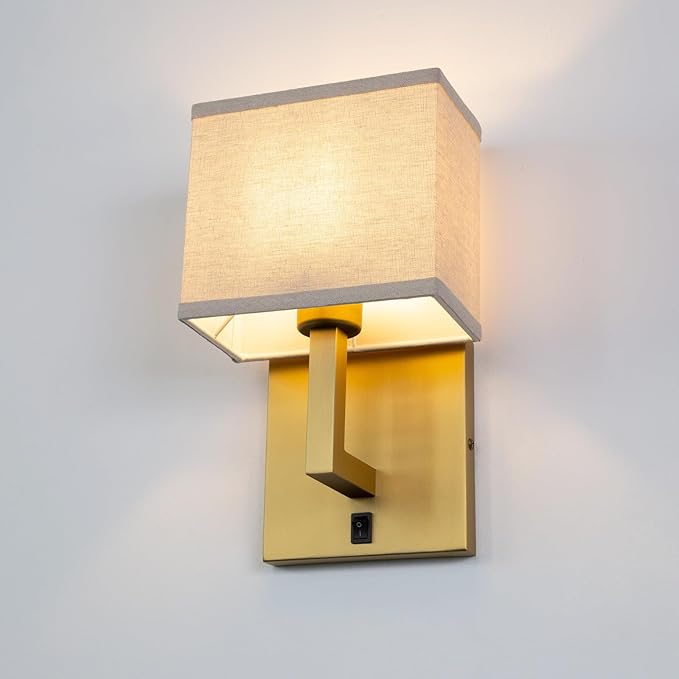 Yosoan Linen Boho Fabric Wall Sconce with On Off Switch, 1-Light Brass Vanity Retro Hardwired Indoor Vintage Industrial Wall Mount Lamp Fixture Lighting for Bedside Living Room Stairwell(Antique)