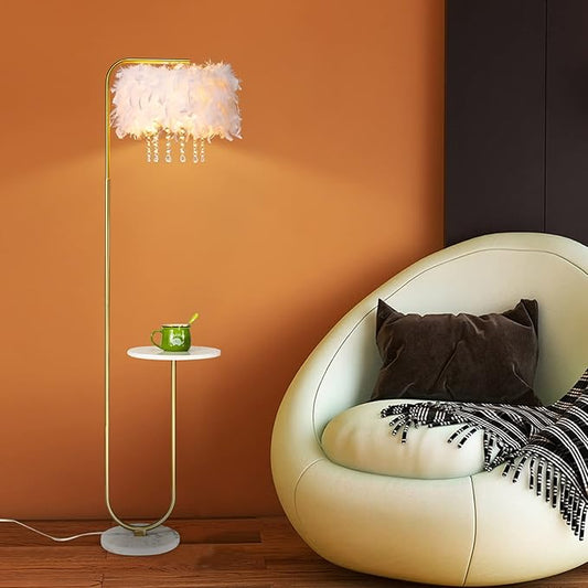beaysyty Unique Led White Feather Floor Lamp with Tray,Ostrich Feather Stand Lamp,Living Room Bedroom Office Shop Window Decoration Lamp,Foot Switch and Brass/Gold Finish Arc Floor Lamp
