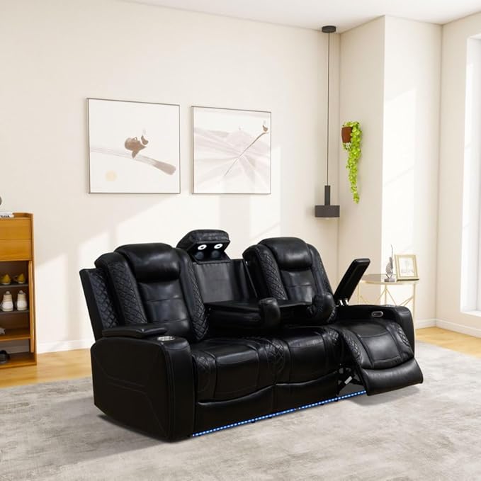 Leather Power Recliner Sofa Set with LED, Living Room Furniture Set, Leather Sofa Set with USB Port Storage Console Cup Holder for Office Living Room Home (All-Black Upgraded Version 8 Cup Holders)