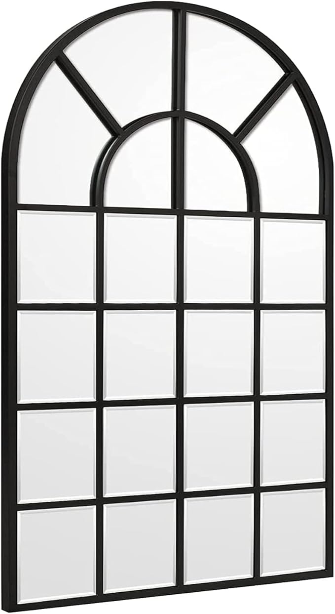 Black Arched Window Mirror, Large Window Pane Mirror with Beveled, Metal Framed Windowpane Mirrors, 28.5" X 50" Arched Wall Mirrors for Wall Decor, Entryway, Living Room