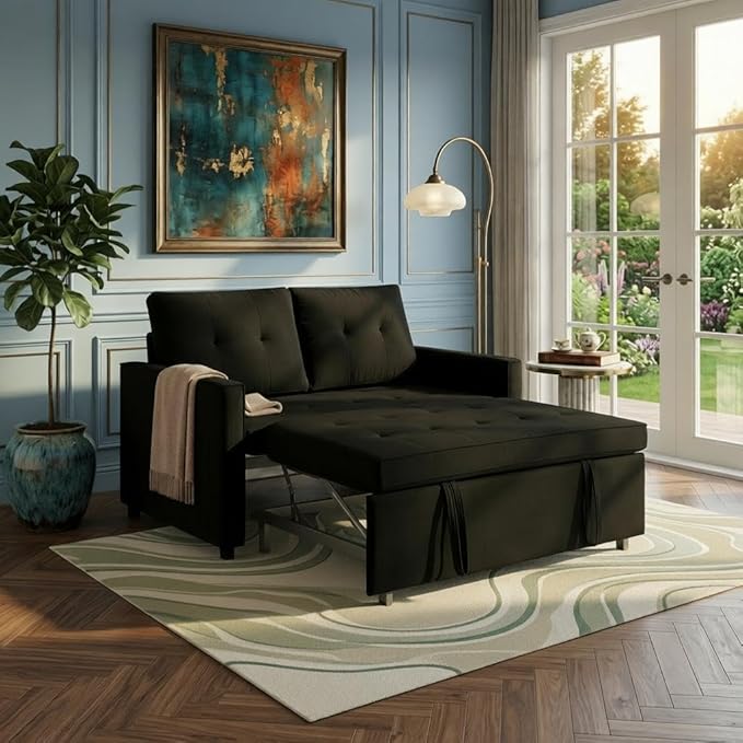 Sofa Bed, Pull Out Couch with Side Pockets, 3 in 1 Velvet Fabric Loveseat Sleeper Sofa Bed, Pull Out Couch with Adjustable Backrest for Living Room, Bedroom, Apartment, Black, 53 Inch