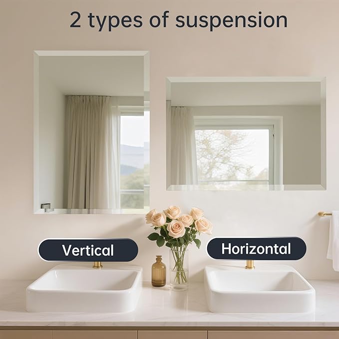 16x24 Inch Frameless Wall Mirror with 1" Beveled Edge, Frameless Rectangle Mirror for Bathroom, Vanity, Living Room