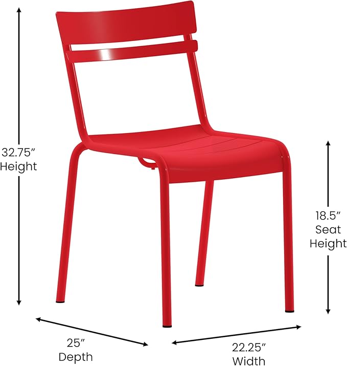 Flash Furniture Nash Commercial Grade Steel Stack Chair, Indoor-Outdoor Armless Chair with 2 Slat Back, Set of 4, Red