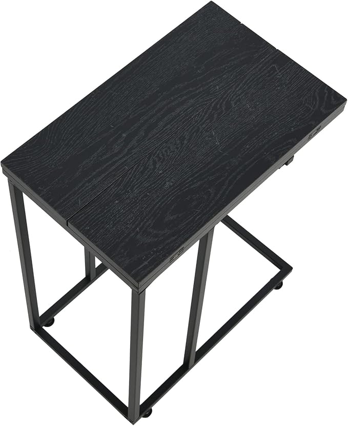 Household Essentials Jamestown Extendable C-Shaped for Accessiblity Side End Table Black Oak Wood Grain and Black Metal