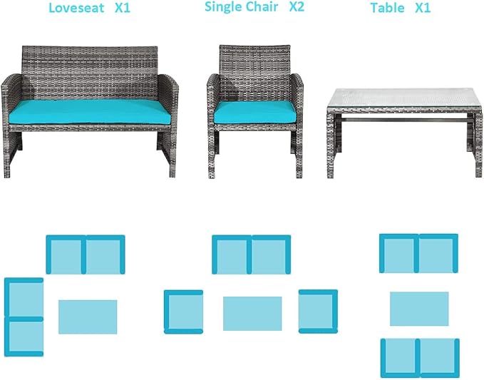 DORTALA 4 Piece Patio Furniture Set, Outdoor Wicker Conversation Set with Soft Cushions & Tempered Glass Coffee Table, Rattan Patio Sofa Bistro Sets for Courtyard Balcony, Turquoise