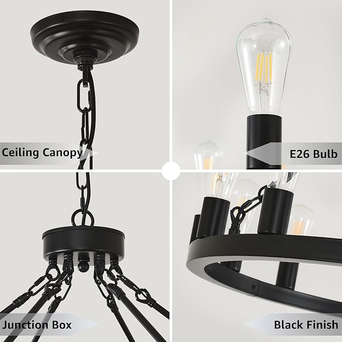NILSE 53-Inch 30-Light Wagon Wheel Light Fixture, Black Farmhouse Chandelier for Living Room Dining Room, Extra Large Foyer Chandeliers for High Ceilings, Entryway, Bedroom, E26