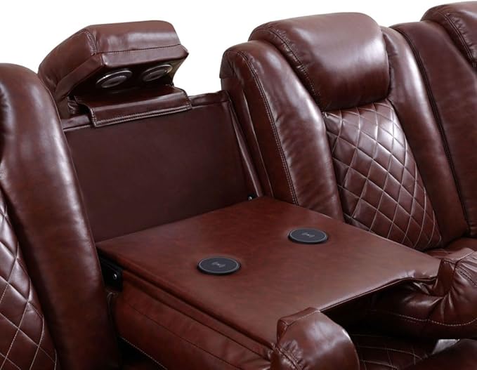 Power Recliner Sectional Sofa with LED Lighting, Breathing Leather Corner Couch with USB Port and Storage Console, Cup Holders, Reading Light – Home Theater & Living Room Seating (Red)