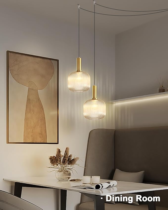 Amber Plug in Pendant Light Fixtures Mid Century Modern Hanging Lights with Plug in Cord Gold Pendant Light Plug in Vintage Glass Hanging Lamps for Living Room Bedroom Kitchen Dining Room