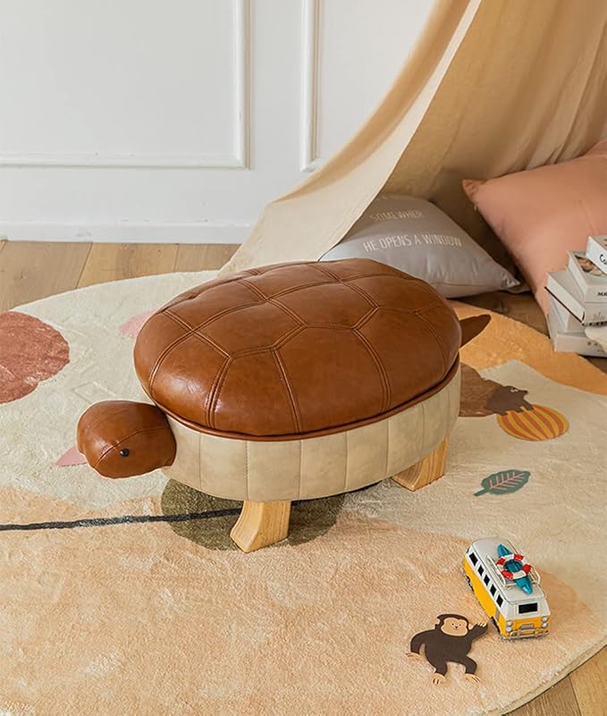 Animal Ottoman Footstool, Turtle Sofa Stool, PU Leather Upholstered Wood Ottoman Foot Stool (Color : Light Brown-S)