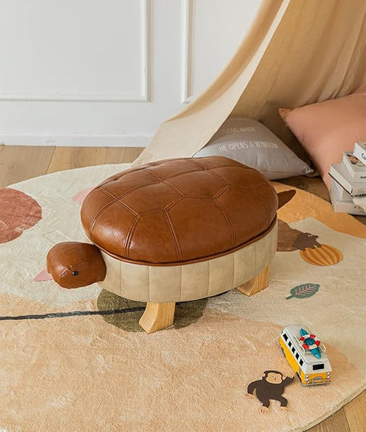 Animal Ottoman Footstool, Turtle Sofa Stool, PU Leather Upholstered Wood Ottoman Foot Stool (Color : Light Brown-L)