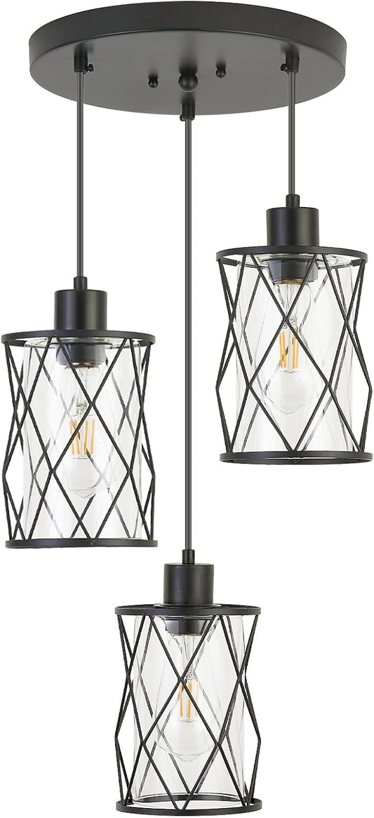 Refice 3-Light Pendant Lights Kitchen Island, Black Kitchen Cluster Hanging Pendant Lights with Clear Glass, Modern Cage Chandelier Light Fixture for Sink Dining Room Bedroom Bar