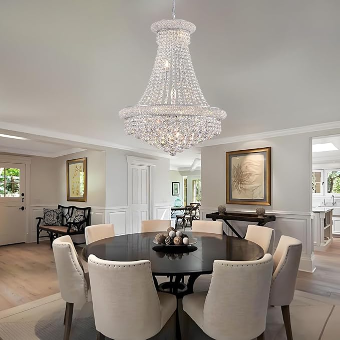 Modern Crystal Chandeliers Foryer Chandelier for High Ceilings, 11-Lights Silver Empire Crystal Chandeliers for Living Dining Room Entryway Hallway(D23.6)