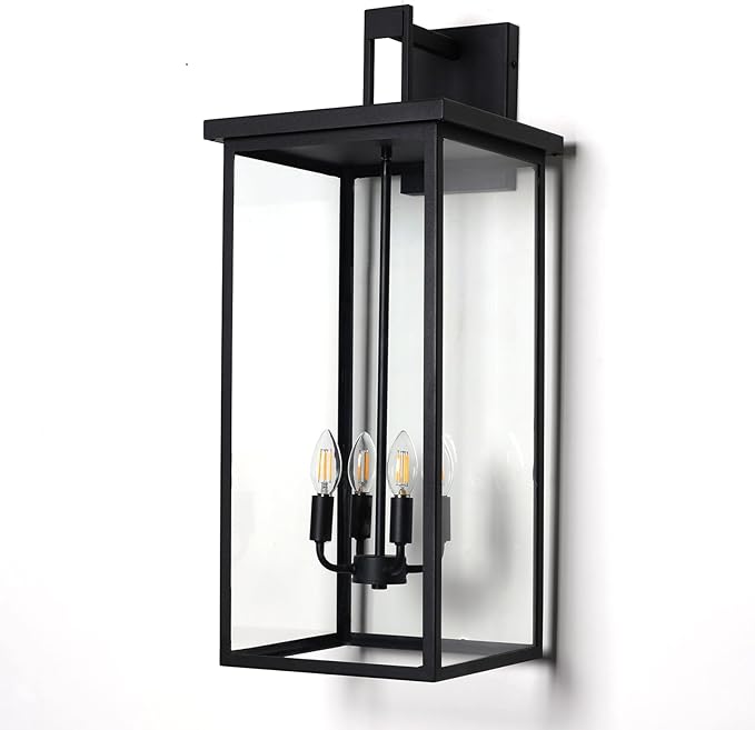 26 in Large Outdoor Wall Lantern, Modern Matte Black Exterior Light Fixtures for House with Clear Glass Shade, Large Outdoor Light Fixtures Wall Mount E12 Base Garage & Porch Wall Light