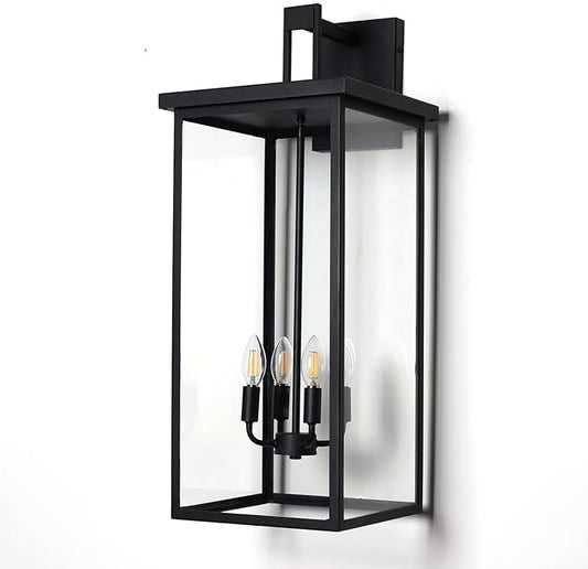 26 in Large Outdoor Wall Lantern, Modern Matte Black Exterior Light Fixtures for House with Clear Glass Shade, Large Outdoor Light Fixtures Wall Mount E12 Base Garage & Porch Wall Light