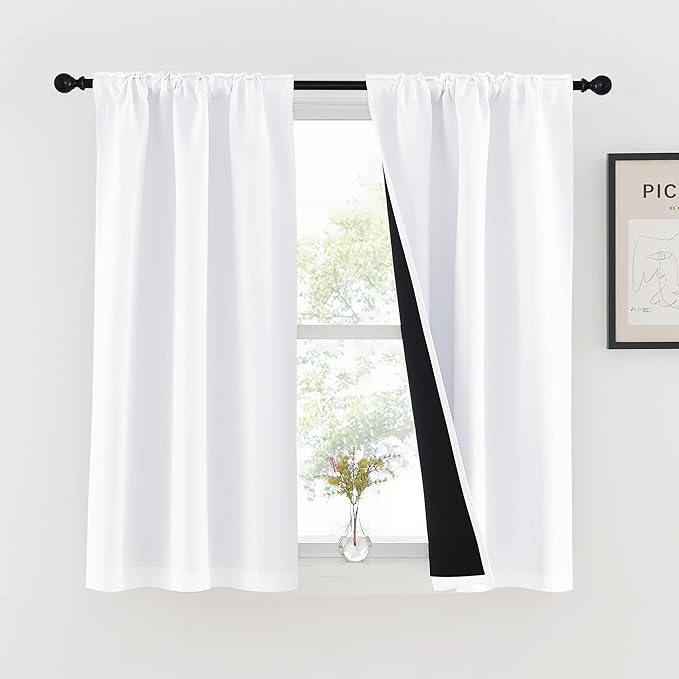 NICETOWN 100% Blackout Kitchen Curtain Panels, Cold and Full Light Blocking Drapes with Black Liner, 48 Inches Drop Thermal Insulated Draperies for Cafe (White, 2 Pieces, 37 inches Wide Each Panel)