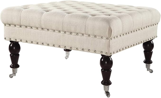 24KF Large Square Upholstered Tufted Button Linen Ottoman Coffee Table, Large Footrest Bench with Casters Rolling Wheels-Ivory