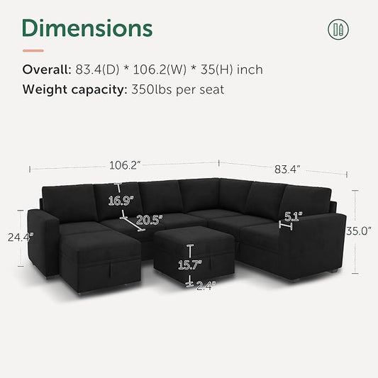 HONBAY Modular Sectional Couch with Storage, Velvet U-Shaped Sectional Sofa with Storage Ottoman Convertible U-Shaped Sofa for Living Room, Black