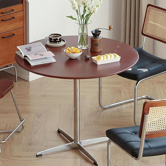 Dark Brown Round Solid Wood Dining Table Dining Furniture with Metal Crossed Base, 31.5" W Mid Century Modern Small Table Round for Office Small Coffee Table for 4-6