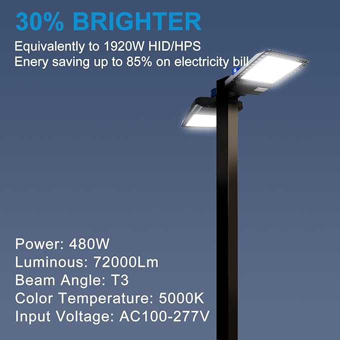 2Pack 480W LED Parking Lot Lights ETL 72000lm (Eqv.2000W MH/HPS) 5000K Led Parking Lot Lighting with Smart Photocell for Yard/Driveway- 7Yrs Warranty (Coverage: 66~120Ft at Height:30~55Ft)