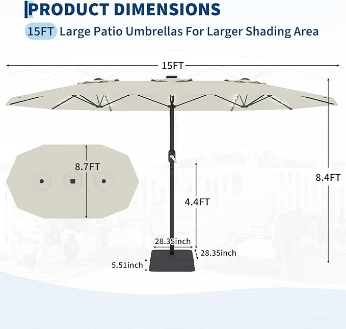 GarveeLife 15 FT Patio Umbrella with Base Included, Patio Table Umbrella with solar lights, 10 Sturdy Ribs UV Protection Waterproof for Garden, Pool, Deck, Backyard (Beige)