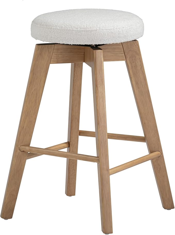 Nathan James Amalia Bohemian Swivel Bar Stool, Backless Counter Height Boucle Counter Stool with Solid Wood Legs and Upholstered Seat, White Oak
