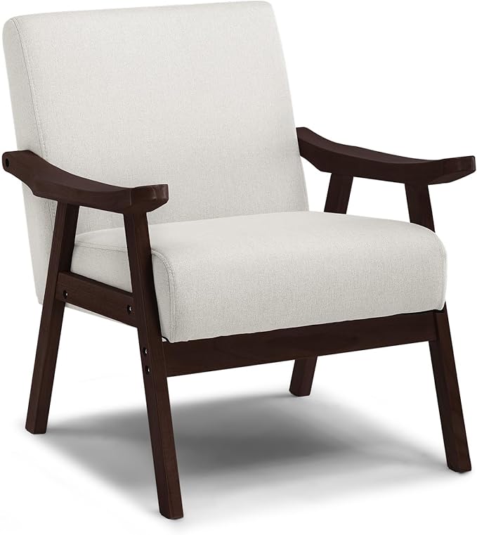 COMHOMA Accent Chair, Mid Century Modern Chair with Solid Wood Armrest, Comfy Upholstered Reading Armchair for Living Room, Bedroom, Balcony (Brown Curved Armrests, Beige)
