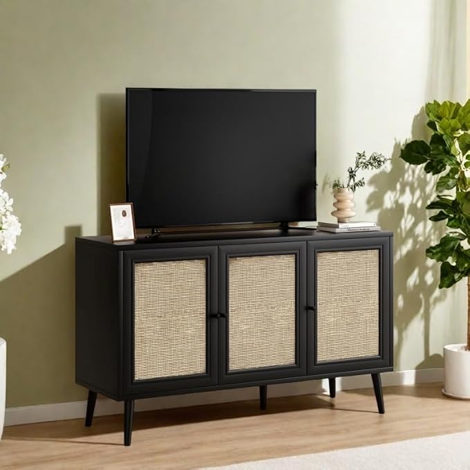 FONTOI Rattan Entryway Table, Entertainment Center with Adjustable Shelf, Sideboard Buffet Cabinet with 3 Rattan Doors, Modern Console Cabinet with Large Storage for Living Room, Kitchen, Black
