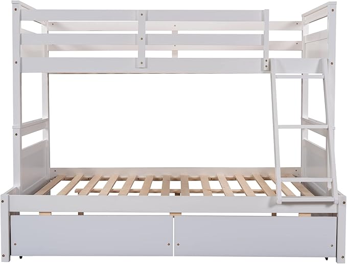 Twin Over Full Bunk Beds with 2 Under Bed Storage Drawers, Stronger & More Stable Bunkbed, White