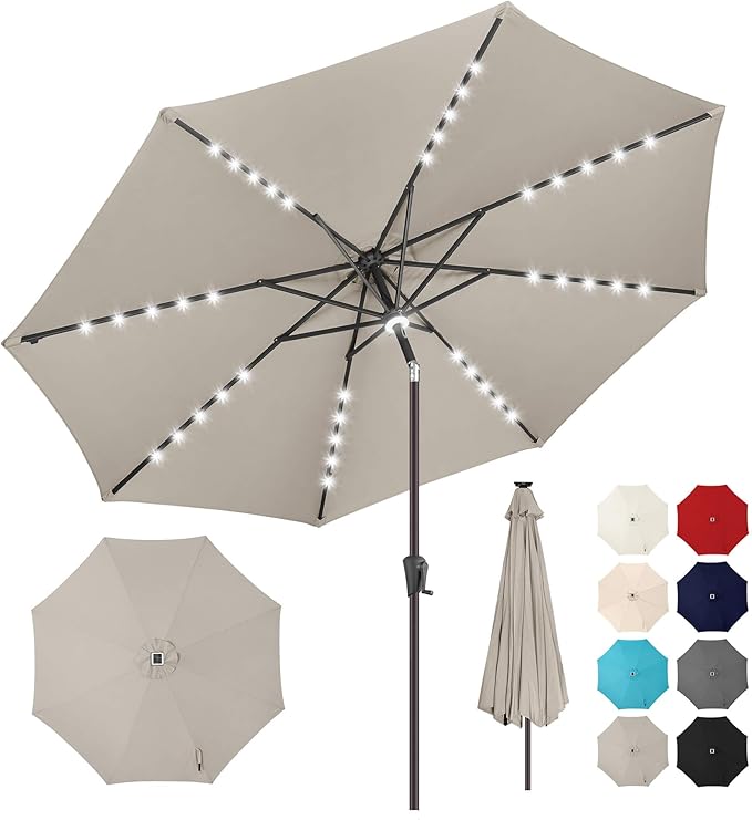 10FT Solar Umbrella Outdoor - Lighted Solar Patio Umbrella with 40 LED Lights Waterprool UV Protection, Table Umbrella with Tilt for Pool, Porch, Garden, Deck, Backyard (Taupe)
