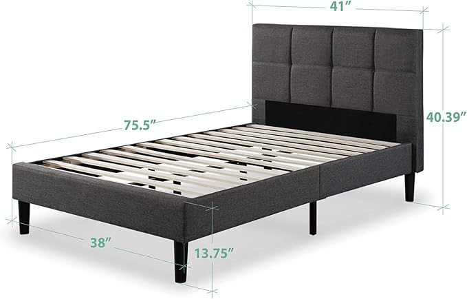 Zinus Lottie Upholstered Platform Bed Frame, Mattress Foundation, Wood Slat Support, No Box Spring Needed, Easy Assembly, Grey, Twin
