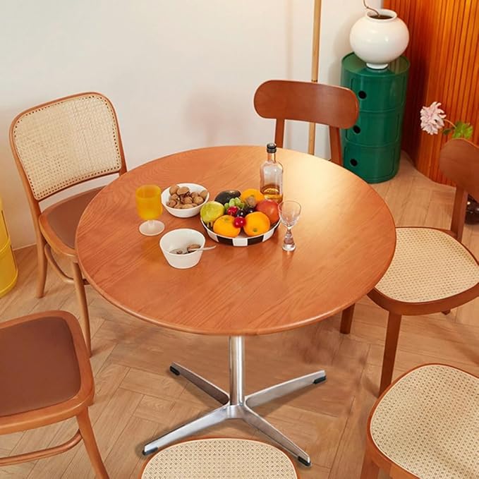 Round Modern Solid Wood Dining Table Dining Furniture with Crossed Metal Base, Brown Wood Small Table for Office Small Coffee Table for 4-6, 31.5inch Wide