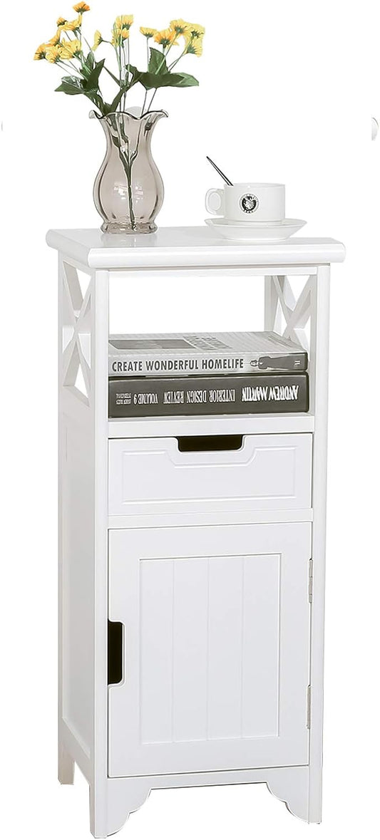 End Table with Drawer and Doors(Fully Assembled), 30" Height Floor Standing Storage Cabinet with Shelf for Bathroom, Solid Wood Side Table/Nightstand/Side Cabinet for Bedroom -White