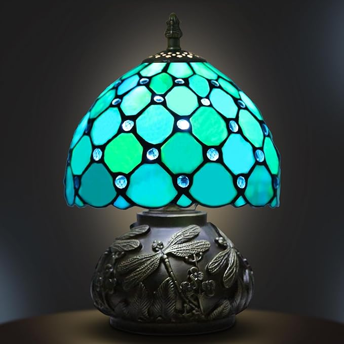 Small Tiffany Table Lamp,Stained Glass Lamp,8 Inch Mushroom Style Mini Vintage Desk Lights for Bedside, Bedroom,Nightstand,Living Room,3 Color Temperature (Blue)