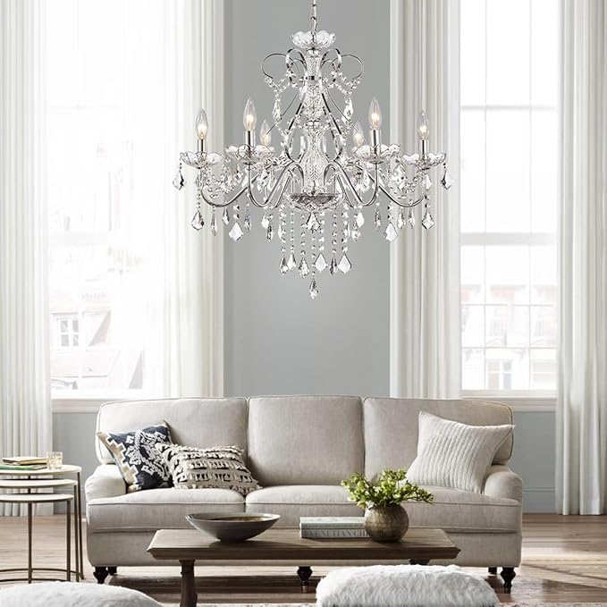 Saint Mossi 6 Light Crystal Chandelier Light Fixture Modern Chandelier Pendant Lighting, Chrome Pendant Raindrop Chandelier for Dining Room,Bedroom,Living Room,H23 x D24