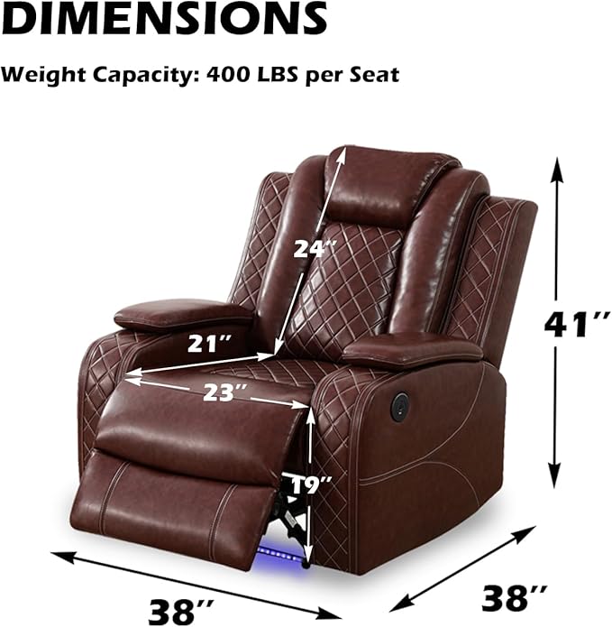 Power Leather Recliner Sofa with LED Light，38" Power Single Recliner Chair USB Port/Storage Armrest,Leather Couch for Living Room/Office/Lounge/Rv Car/Club/Apartment(Red,Chair)