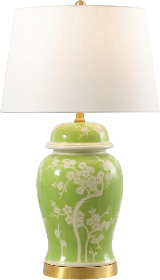 JONATHAN Y 29.5" Green/White Traditional Ceramic Ginger Jar Table Lamp for Living Room, Chinoiserie Asian Bedside Lamp with White Linen Shade and LED Bulb Included (JYL3047B)