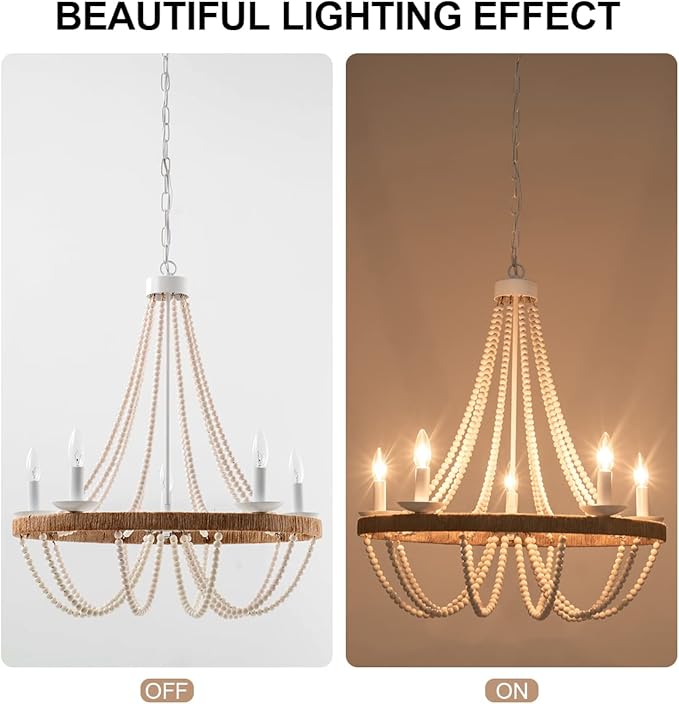 Wood Beaded Chandelier 5 Lights Boho Candle French Country Farmhouse Chandelier Bohemia Pendant Light for Living Room Dining Room Kitchen Foyer, Distressed White, Dia 26”