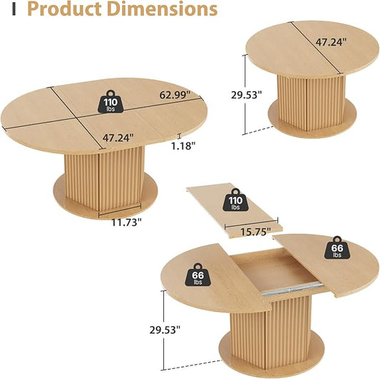 47.24"-62.99" Oval Expandable Dining Table, Round Dining Table for 4-6 People with Distinctive Knurled Base, Round Kitchen Table with Slide Metal Track for Kitchen,Living Room-Light Brown