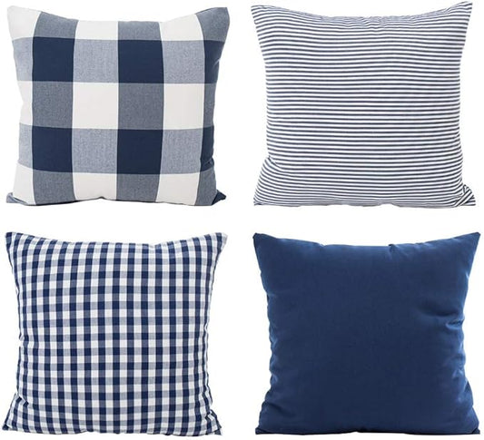 HOPLEE Christmas Pillow Covers 18x18 Nautical Blue and White Pillow Covers with Buffalo Plaid, Solid Navy Blue, Striped and Gingham Plaid Design 18x18 inch,4 Pack